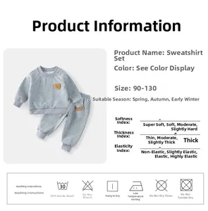 Detailed size chart and material guide for children's grey fleece sweatshirt set