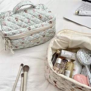 Internal view of quilted makeup bags with cartoon prints showing large capacity storage