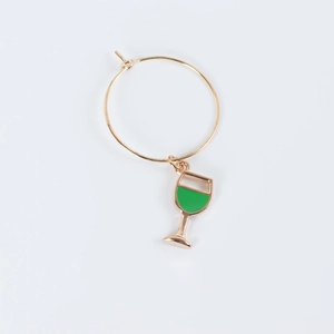 Golden hoop earrings with a green wine glass pendant for party decoration and identification