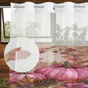 Sheer white shower curtain with autumn pumpkin and maple leaf prints for fall bathroom decor