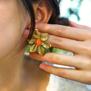 Vintage Flower Stud Earrings Stainless Steel PVD 18K Gold Plated With Orange Topaz French Style Jewelry For Women