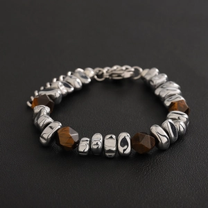 Pulsera unisex de acero inoxidable con cuentas ojo de tigre marrones y eslabones