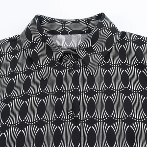 Women's A-line blouse with black and white geometric pattern and classic lapel collar