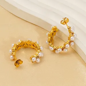 French Vintage C-Shape Hoop Earrings For Women 18K Gold Plated Stainless Steel With Faux Artificial Pearl And Zircon Elegant Jewelry