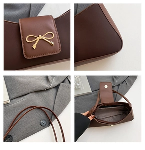 Detail shots of brown PU leather baguette bag featuring golden bow buckle and inner pocket
