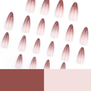 Faux ongles amande courts dégradé marron café avec une finition brillante lisse