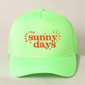 Neon green trucker hat with Sunny Days print and breathable mesh back for summer