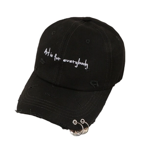 Hip hop black denim baseball cap with iron rings and Art is for everybody embroidery