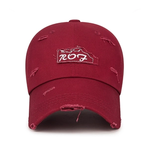 Vintage distressed baseball cap in burgundy with white ROF embroidery and ripped details