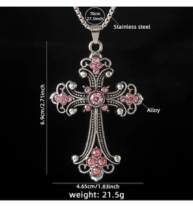 Detailed dimensions of cross necklace with pink rhinestones and stainless steel chain