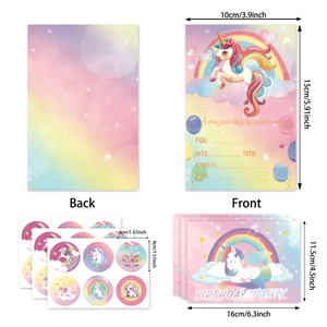 Unicorn party invitation set with cards and stickers for kids birthday celebrations