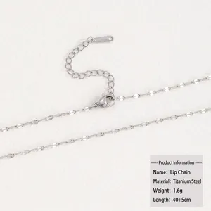 Detail of silver titanium steel lip chain featuring a lobster clasp and 5cm extension