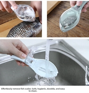 Detail of fish scaler tool showing scale collection and easy water cleaning feature
