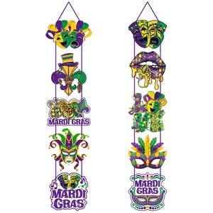 Detailed view of Mardi Gras hanging banners with purple gold mask and fleur-de-lis patterns