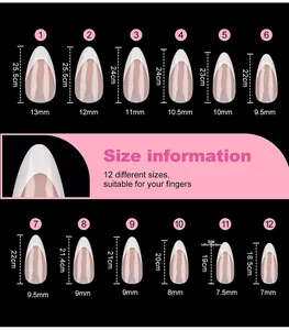 Size chart showing width and length for 12 sizes of almond French fake nails tips