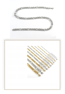 Size guide for stainless steel 18K gold plated Figaro chains showing width and length