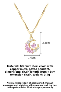 Detail of titanium steel moon pendant with pink heart zircon and size specifications