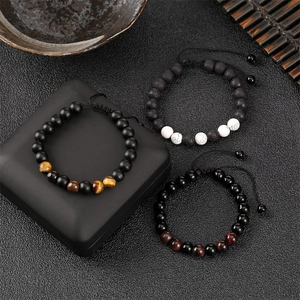 Adjustable natural tiger eye and lava stone beaded bracelets for men and women