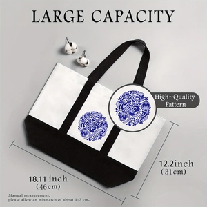 Detailed view of canvas tote bag dimensions 46x31cm with blue floral print and text