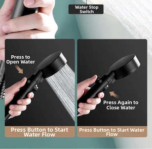 Detail of matte black handheld shower head showing the one-button water stop switch feature