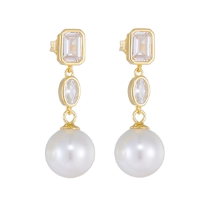 Elegant gold drop earrings with rectangular zircon and large white pearls on white background