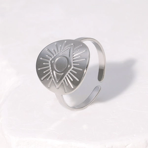 Classic Evil Eye stainless steel open ring with sunburst relief on polished silver band
