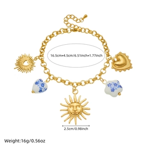 Gold stainless steel bracelet with ceramic floral beads and heart sun charms set