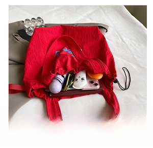 Macro view showing high-capacity red canvas tote bag interior with daily essentials