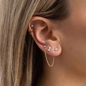 Detail of s925 silver eye earrings with fringe chain and sparkling crystals on model