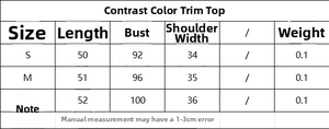 Size chart for contrast trim crepe white top showing length, bust, and shoulder details