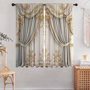 Close-up of beige and gold baroque floral curtains with intricate 3D digital patterns