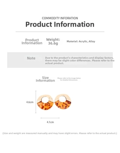 Detail view of acrylic tortoiseshell earrings showing dimensions 4.6x4.1cm and 36.6g weight