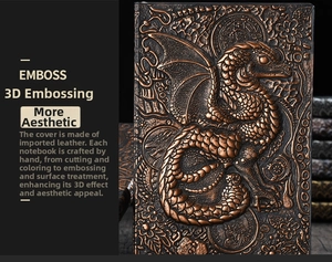 Macro detail of hand-crafted 3D dragon embossed leather notebook in bronze finish