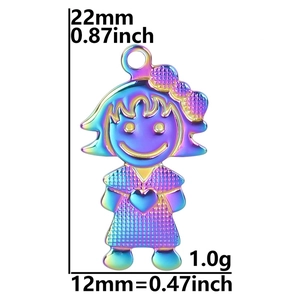 Detailed macro view of rainbow plated stainless steel girl pendant with dimensions info
