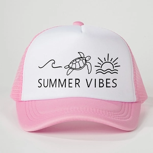 Detail of Summer Vibes graphic print on pink and white mesh trucker snapback hat