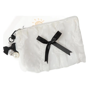 White lace makeup bag with black bow and pearl pendant decoration for women