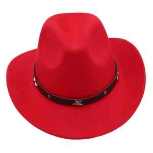 Detail of red wool felt cowboy hat featuring silver star rivets on a black leather band