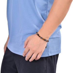 Bracelet pour hommes en œil de tigre 8mm et pierres noires avec cordon ajustable