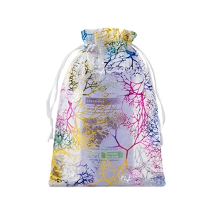 Translucent organza gift bag with metallic coral pattern and white double drawstring