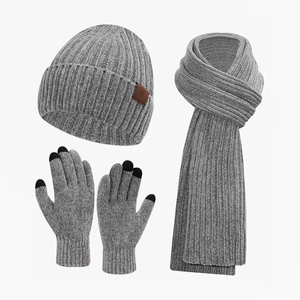 Conjunto de invierno 3 piezas con gorro bufanda y guantes táctiles de punto gris