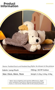 Detail view of plush duck and dog toy specifications with fabric and size information