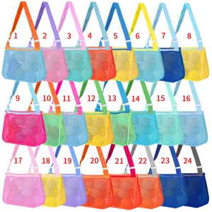 Mesh shell beach bag for kids toys in 24 bright colors with adjustable straps and zipper