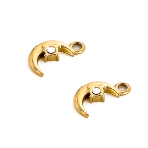 Golden crescent moon pendant with sparkling white zircon and hanging ring for DIY jewelry