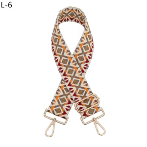 Detail view of colorful geometric diamond pattern bag strap with gold metal lobster hooks