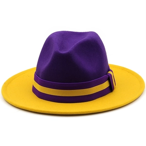 Detailed macro view of the purple wool felt crown and yellow brim of this fedora hat