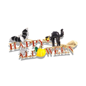 Sparkling Happy Halloween brooch with colorful enamel bat, cat, and pumpkin charms