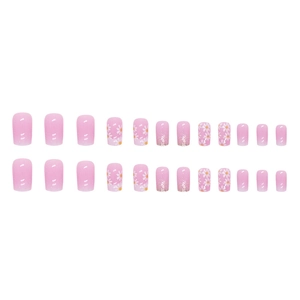 Pink press-on nails with white daisy floral patterns and silver glitter gradient design