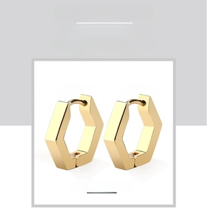 Close-up of geometric gold-plated stainless steel hexagon hoop earrings with polished finish