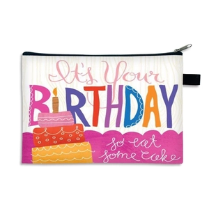 Minimalist canvas makeup bag featuring vibrant 'It's Your Birthday' lettering on white back