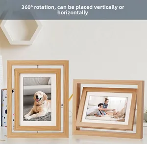 Detail of 360-degree rotating wooden frame showing horizontal and vertical display modes